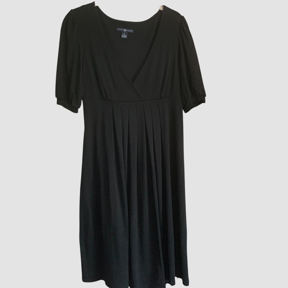 Gap Black Jersey Babydoll V Neck Puff Sleeve Pin-tuck Day Dress SZ M